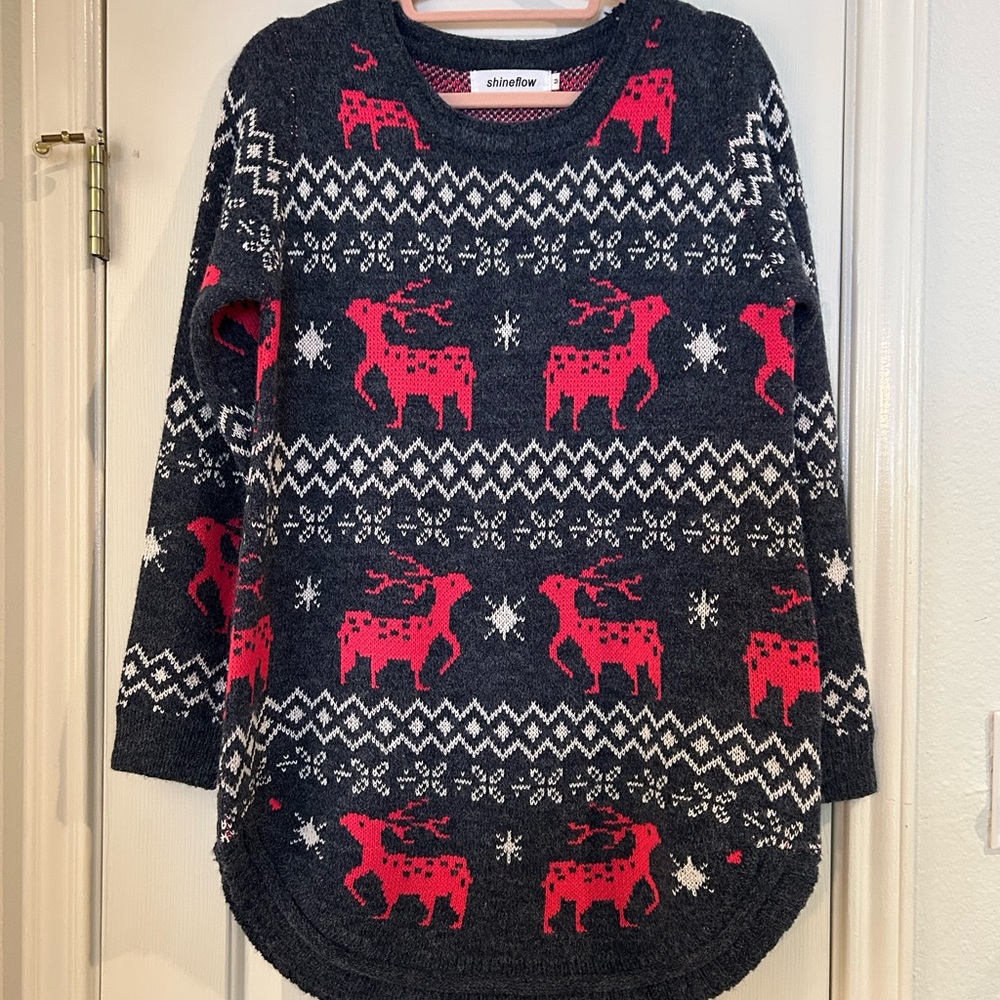 Women's Festive Reindeer Sweater - Blue Grey and Red